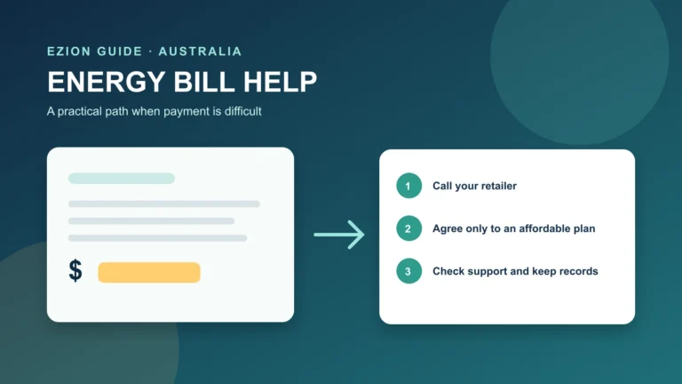 Illustration of an Australian household reviewing an energy bill beside a phone, payment calendar and support pathway
