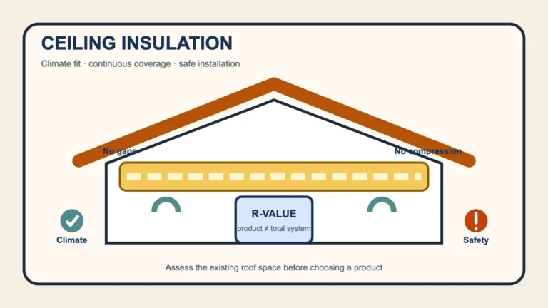 House roof cross-section showing a continuous ceiling insulation layer, R-value check, climate fit and electrical safety warning