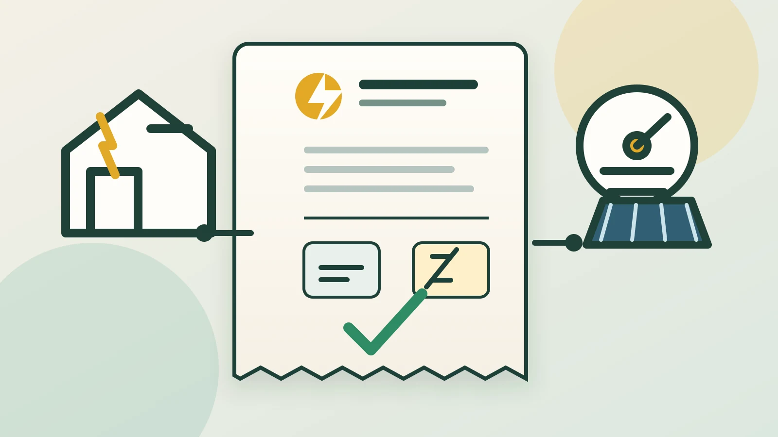 Illustrated electricity bill with two plan comparison cards, a household, smart meter and rooftop solar