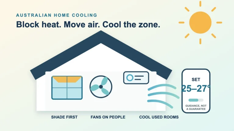 Illustration of an Australian home using window shade, a ceiling fan and zoned air conditioning set to the government guidance range of 25 to 27 degrees