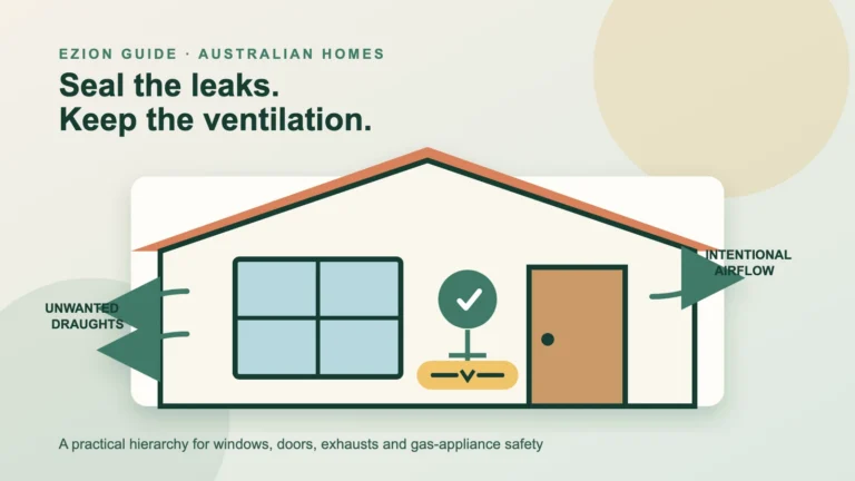 Illustrated Australian home showing unwanted draughts at a window and intentional airflow through a ventilation outlet