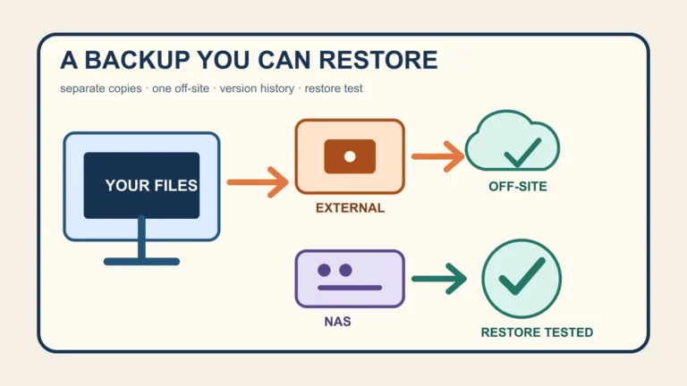 Home computer files copied to an external drive, secure cloud and network storage with a restore check