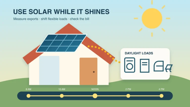 Australian home with rooftop solar powering daytime appliances along a sunlit energy timeline