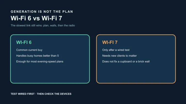 Side-by-side comparison of Wi-Fi 6 and Wi-Fi 7 with the nbn plan, home walls and older devices setting the real ceiling