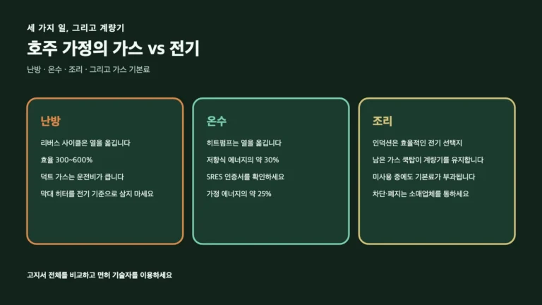 호주 주택에서 가스 계량기와 불꽃을 전기 히트펌프, 온수기, 인덕션 쿡탑과 비교하는 장면