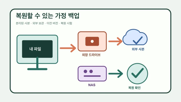 가정용 컴퓨터 파일을 외장 드라이브, 보안 클라우드와 네트워크 저장장치에 복사하고 복원을 확인하는 그림