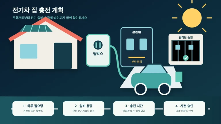호주 단독주택과 아파트에서 콘센트 또는 월박스, 분전반 용량 점검, 옥상 태양광과 관리단 승인을 거쳐 전기차 집 충전을 계획하는 그림