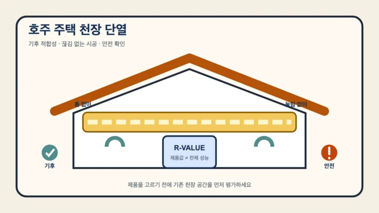 주택 지붕 단면에 끊김 없는 천장 단열층과 R값 확인, 기후 적합성, 전기 안전 경고를 표시한 그림