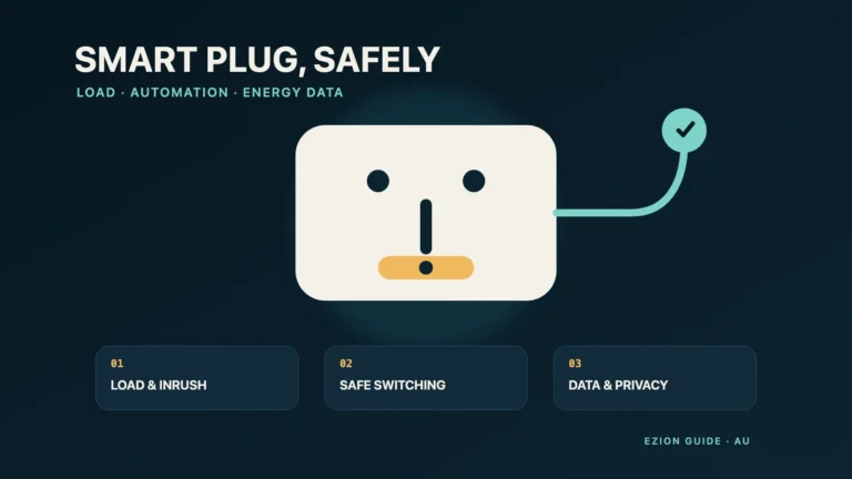 Smart plug illustration with a safety check and panels for load, automation and energy data