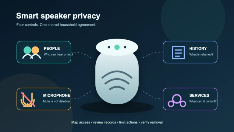 Smart speaker surrounded by controls for people, activity history, microphone mute and connected services