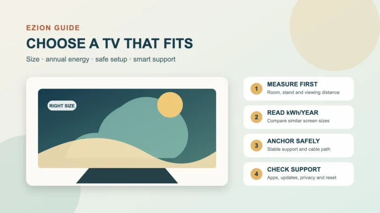 Illustrated living-room television with checks for screen size, energy, safe anchoring and smart support