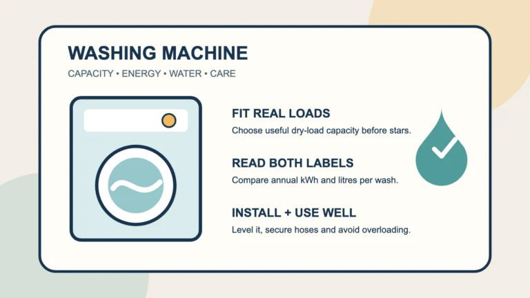 Illustrated front-loading washing machine beside checks for capacity, energy, water use and installation