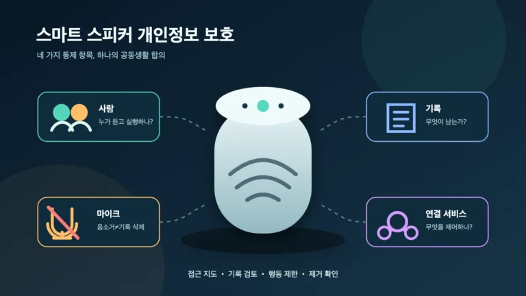스마트 스피커 주변에 사람, 활동 기록, 마이크 음소거와 연결 서비스 통제 항목이 배치된 그림